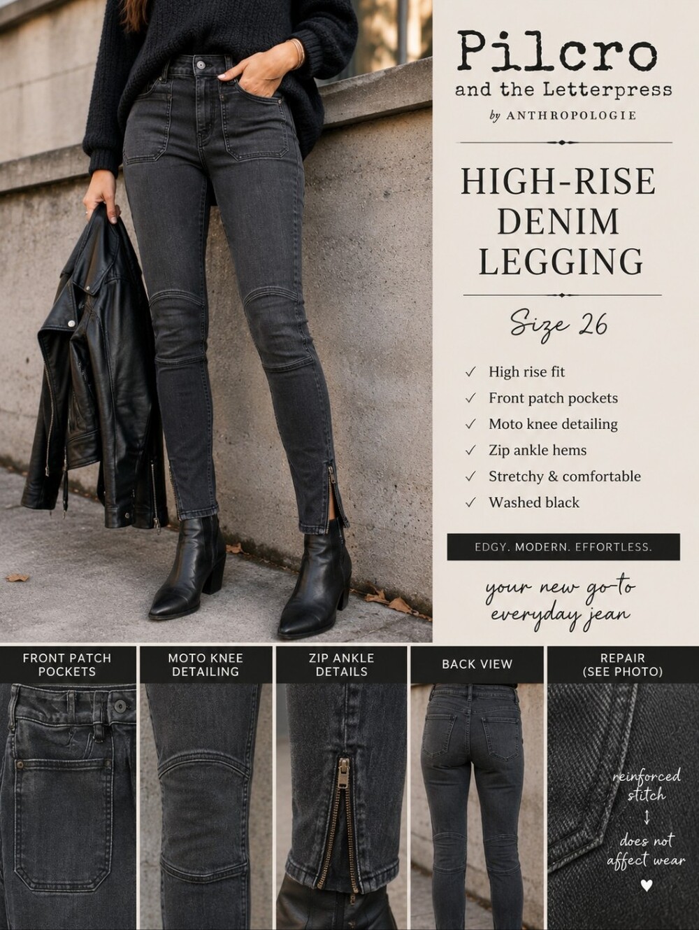 Pilcro Anthropologie High Rise Moto Skinny Jeans Black Zip Ankle Size 26